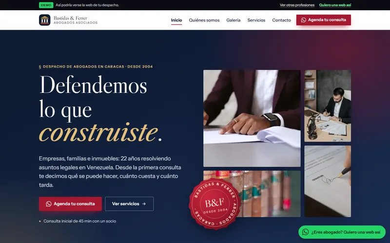 Web modelo de un despacho de abogados en Caracas con SEO local y cita por WhatsApp