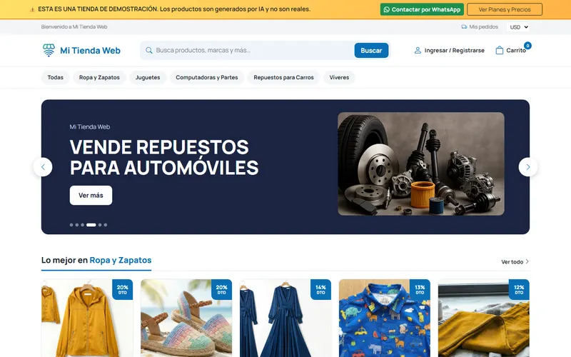 Tienda online de demostración con categorías, buscador, carrito y precios en dólares y bolívares