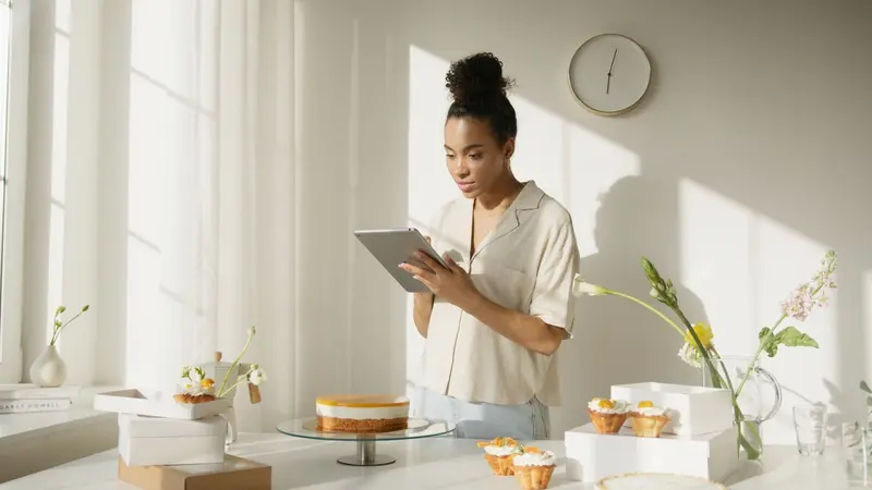 Pastelería mostrando sus tortas en una tablet para recibir pedidos online